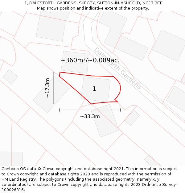 1, DALESTORTH GARDENS, SKEGBY, SUTTON-IN-ASHFIELD, NG17 3FT: Plot and title map