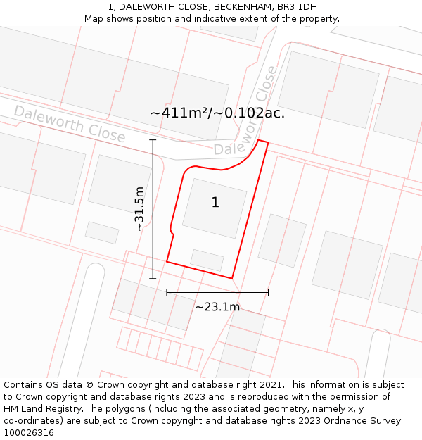 1, DALEWORTH CLOSE, BECKENHAM, BR3 1DH: Plot and title map