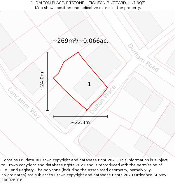 1, DALTON PLACE, PITSTONE, LEIGHTON BUZZARD, LU7 9QZ: Plot and title map