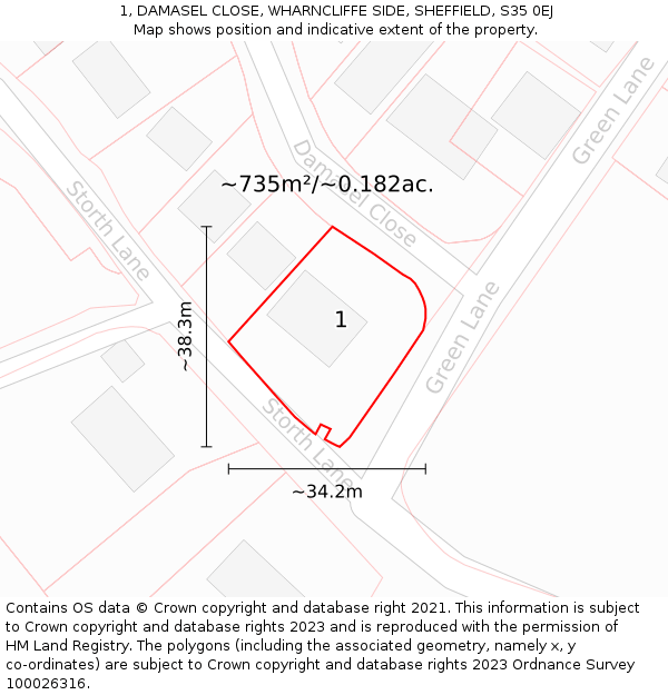 1, DAMASEL CLOSE, WHARNCLIFFE SIDE, SHEFFIELD, S35 0EJ: Plot and title map
