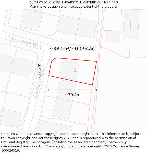 1, DAMSON CLOSE, THRAPSTON, KETTERING, NN14 4RG: Plot and title map