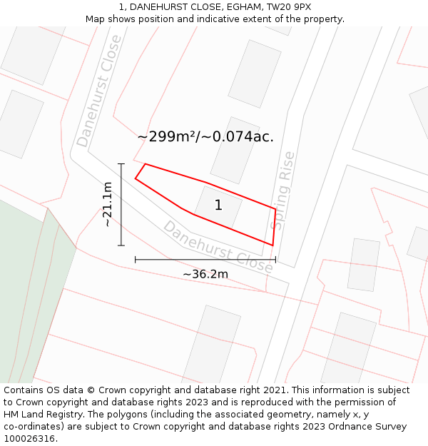 1, DANEHURST CLOSE, EGHAM, TW20 9PX: Plot and title map