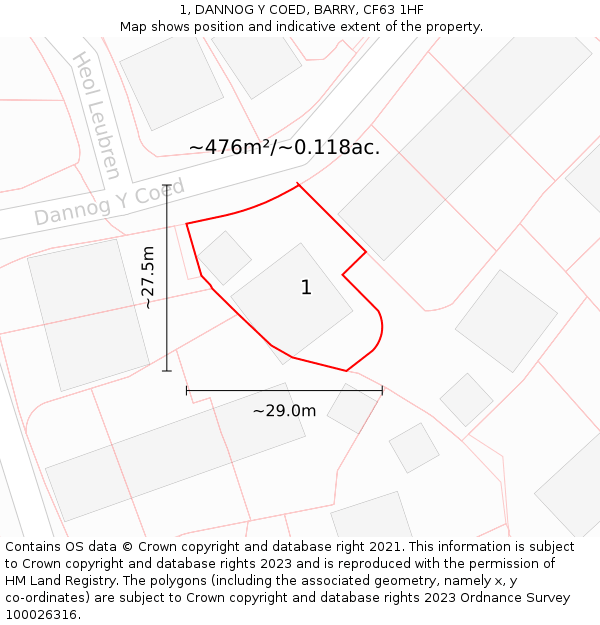 1, DANNOG Y COED, BARRY, CF63 1HF: Plot and title map