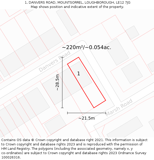 1, DANVERS ROAD, MOUNTSORREL, LOUGHBOROUGH, LE12 7JG: Plot and title map