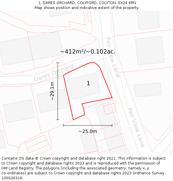 1, DARES ORCHARD, COLYFORD, COLYTON, EX24 6RN: Plot and title map