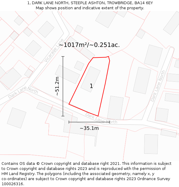 1, DARK LANE NORTH, STEEPLE ASHTON, TROWBRIDGE, BA14 6EY: Plot and title map