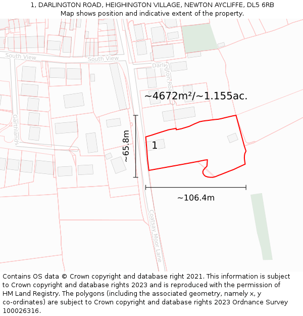 1, DARLINGTON ROAD, HEIGHINGTON VILLAGE, NEWTON AYCLIFFE, DL5 6RB: Plot and title map