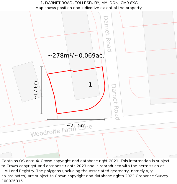 1, DARNET ROAD, TOLLESBURY, MALDON, CM9 8XG: Plot and title map