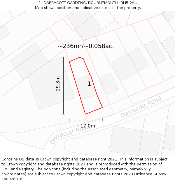 1, DARRACOTT GARDENS, BOURNEMOUTH, BH5 2AU: Plot and title map
