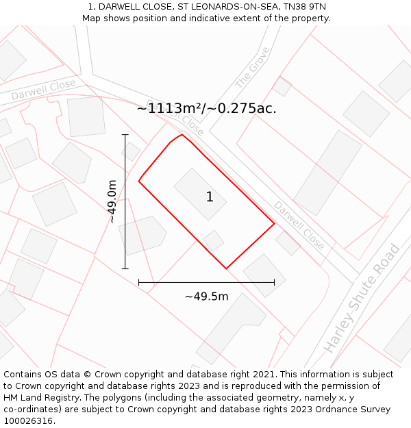 1, DARWELL CLOSE, ST LEONARDS-ON-SEA, TN38 9TN: Plot and title map