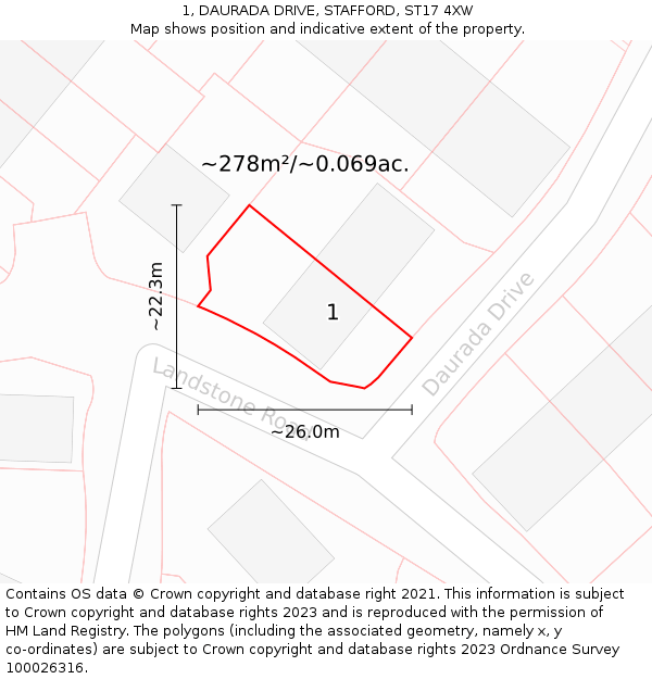 1, DAURADA DRIVE, STAFFORD, ST17 4XW: Plot and title map