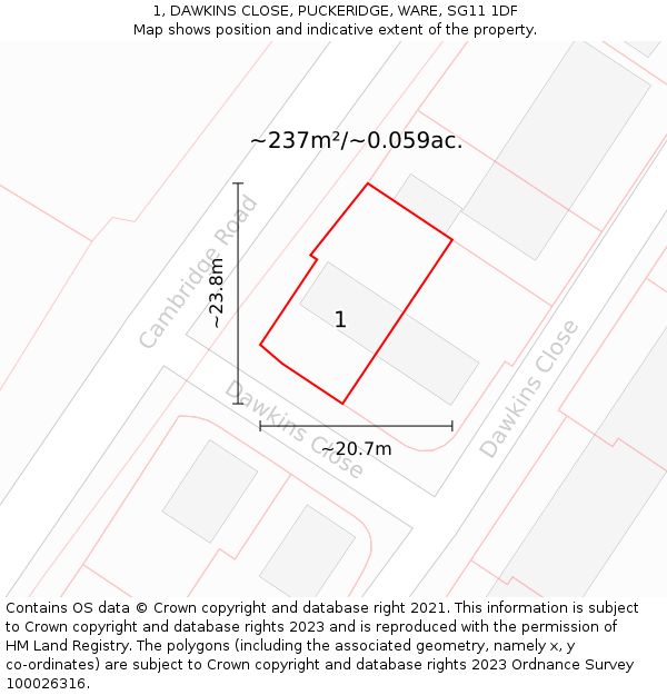 1, DAWKINS CLOSE, PUCKERIDGE, WARE, SG11 1DF: Plot and title map