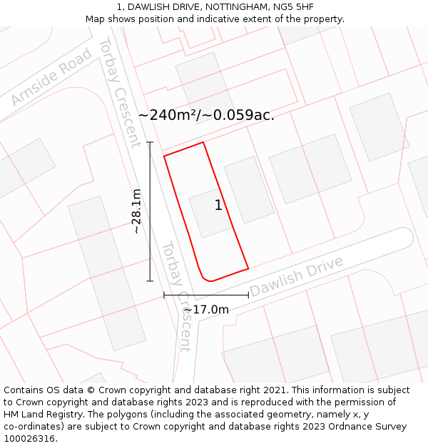 1, DAWLISH DRIVE, NOTTINGHAM, NG5 5HF: Plot and title map