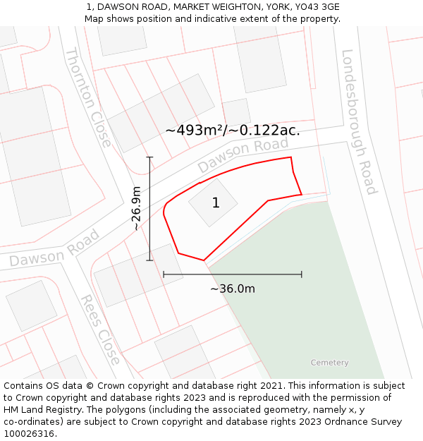 1, DAWSON ROAD, MARKET WEIGHTON, YORK, YO43 3GE: Plot and title map