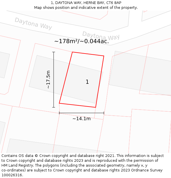 1, DAYTONA WAY, HERNE BAY, CT6 8AP: Plot and title map