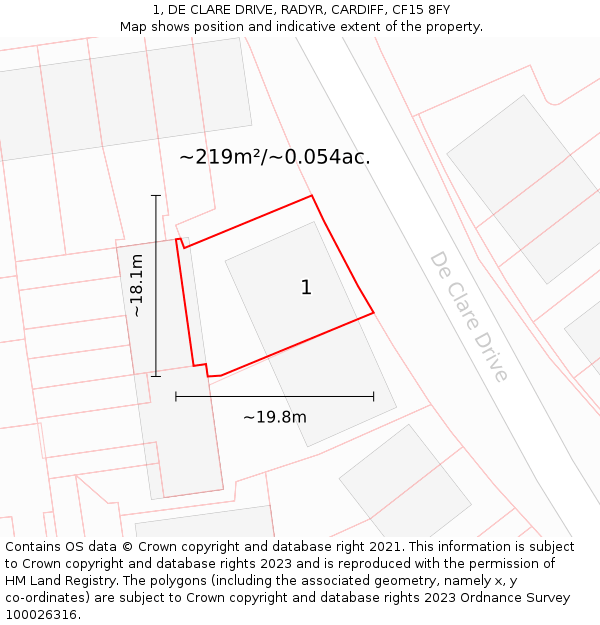 1, DE CLARE DRIVE, RADYR, CARDIFF, CF15 8FY: Plot and title map