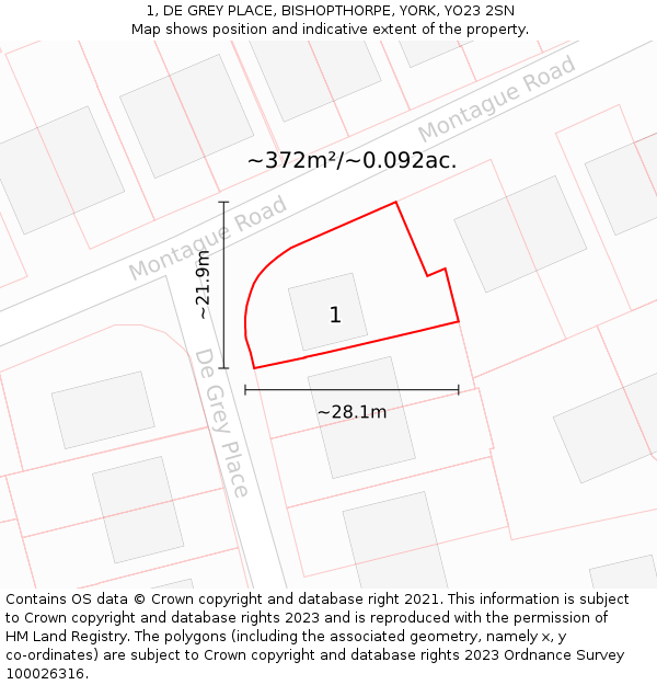 1, DE GREY PLACE, BISHOPTHORPE, YORK, YO23 2SN: Plot and title map