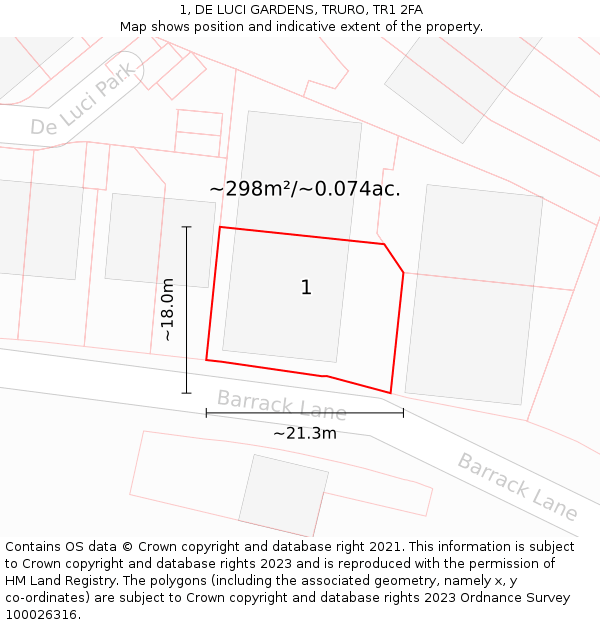 1, DE LUCI GARDENS, TRURO, TR1 2FA: Plot and title map