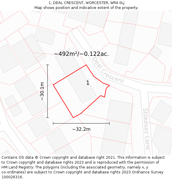 1, DEAL CRESCENT, WORCESTER, WR4 0LJ: Plot and title map