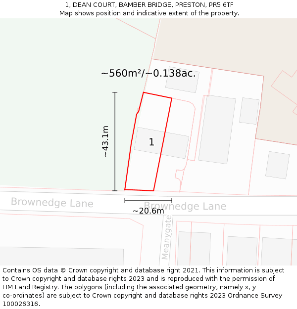 1, DEAN COURT, BAMBER BRIDGE, PRESTON, PR5 6TF: Plot and title map