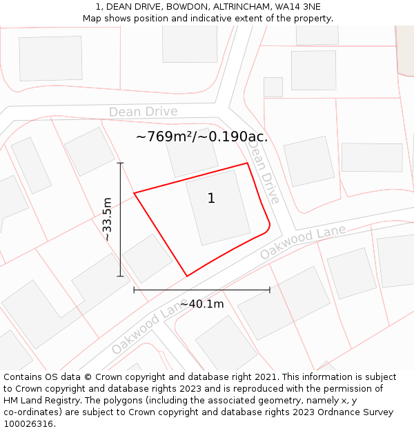 1, DEAN DRIVE, BOWDON, ALTRINCHAM, WA14 3NE: Plot and title map