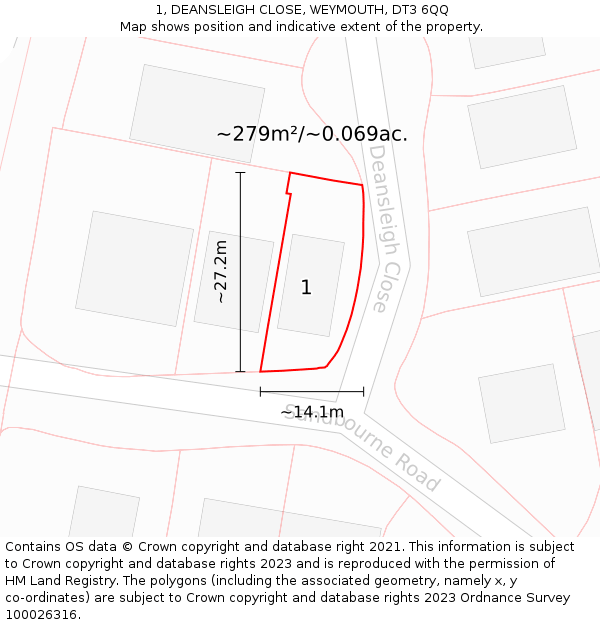 1, DEANSLEIGH CLOSE, WEYMOUTH, DT3 6QQ: Plot and title map