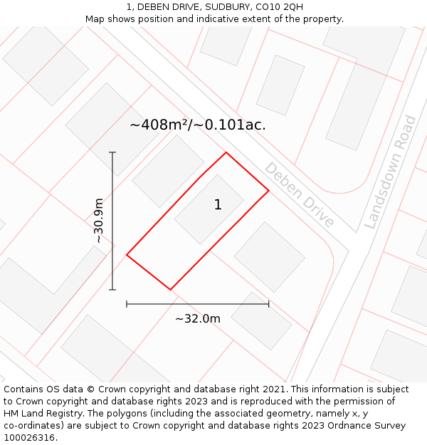 1, DEBEN DRIVE, SUDBURY, CO10 2QH: Plot and title map