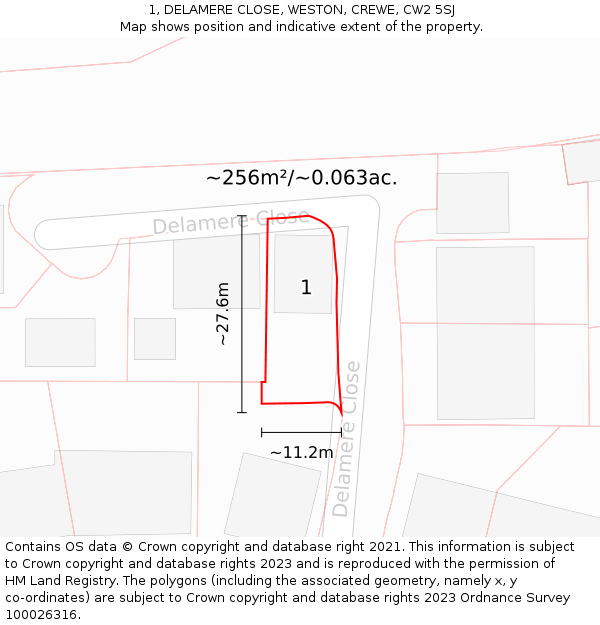 1, DELAMERE CLOSE, WESTON, CREWE, CW2 5SJ: Plot and title map