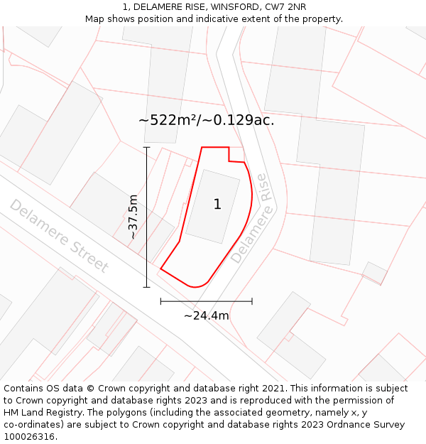 1, DELAMERE RISE, WINSFORD, CW7 2NR: Plot and title map