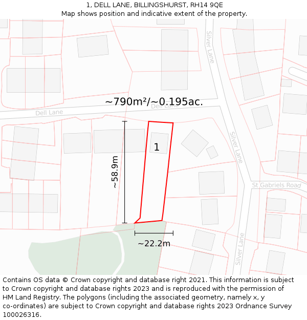 1, DELL LANE, BILLINGSHURST, RH14 9QE: Plot and title map