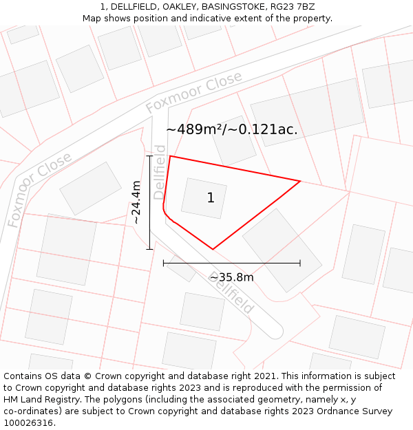 1, DELLFIELD, OAKLEY, BASINGSTOKE, RG23 7BZ: Plot and title map