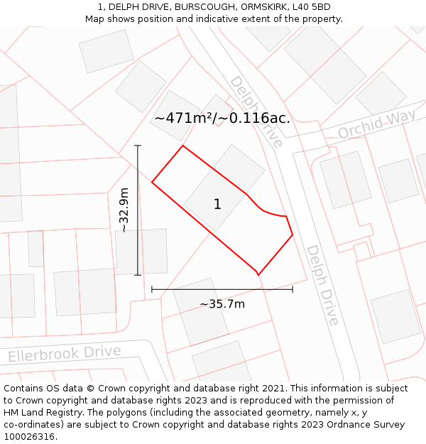 1, DELPH DRIVE, BURSCOUGH, ORMSKIRK, L40 5BD: Plot and title map