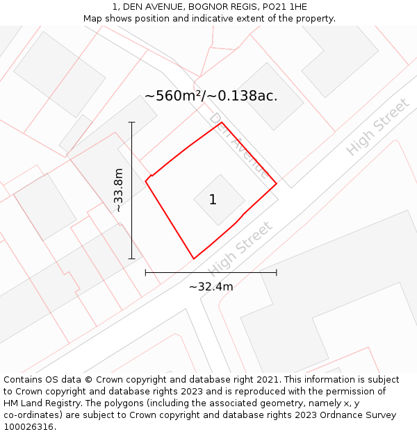 1, DEN AVENUE, BOGNOR REGIS, PO21 1HE: Plot and title map