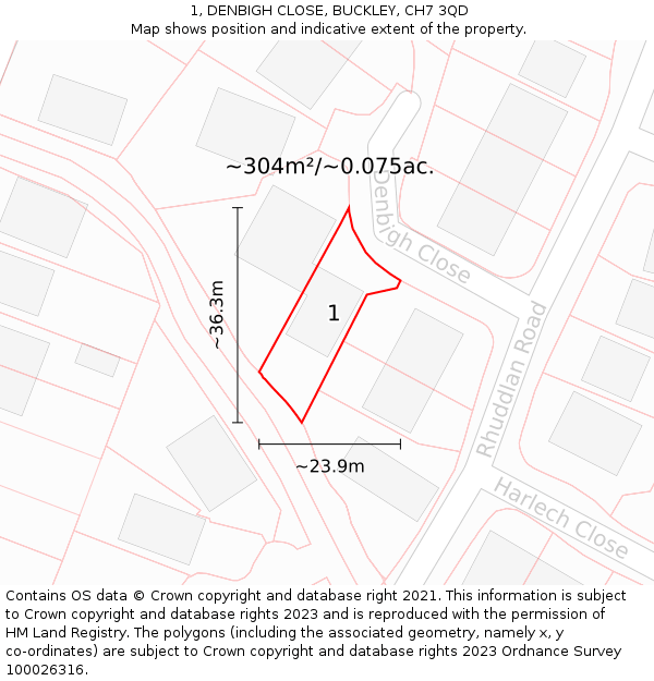 1, DENBIGH CLOSE, BUCKLEY, CH7 3QD: Plot and title map