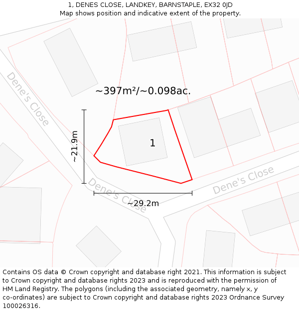 1, DENES CLOSE, LANDKEY, BARNSTAPLE, EX32 0JD: Plot and title map