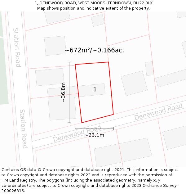 1, DENEWOOD ROAD, WEST MOORS, FERNDOWN, BH22 0LX: Plot and title map