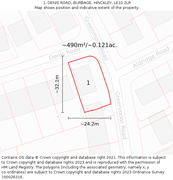 1, DENIS ROAD, BURBAGE, HINCKLEY, LE10 2LR: Plot and title map