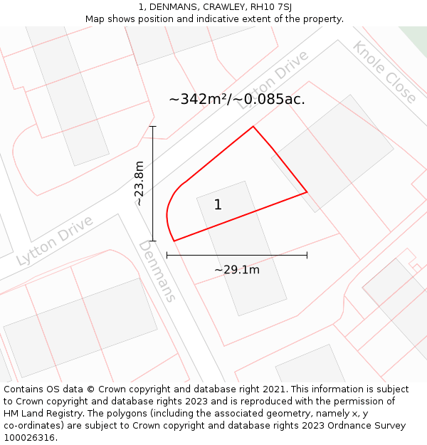 1, DENMANS, CRAWLEY, RH10 7SJ: Plot and title map