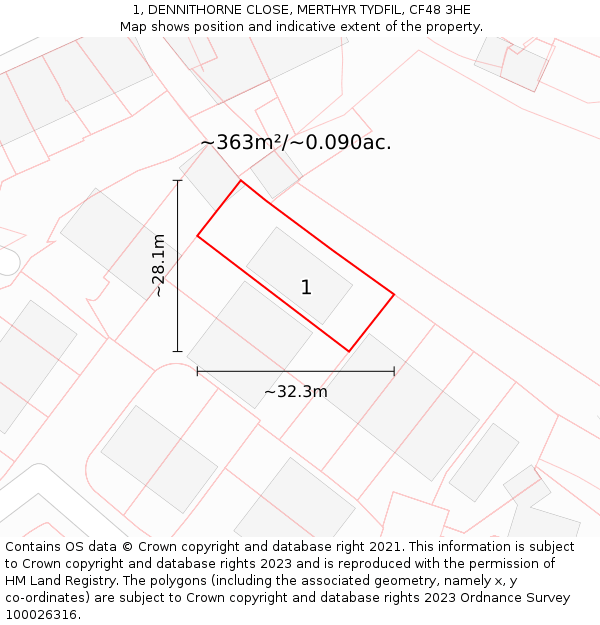 1, DENNITHORNE CLOSE, MERTHYR TYDFIL, CF48 3HE: Plot and title map