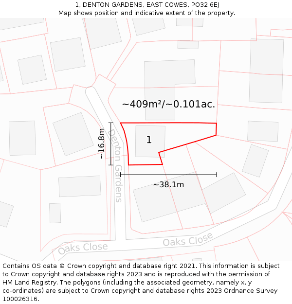 1, DENTON GARDENS, EAST COWES, PO32 6EJ: Plot and title map