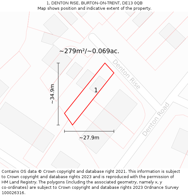 1, DENTON RISE, BURTON-ON-TRENT, DE13 0QB: Plot and title map
