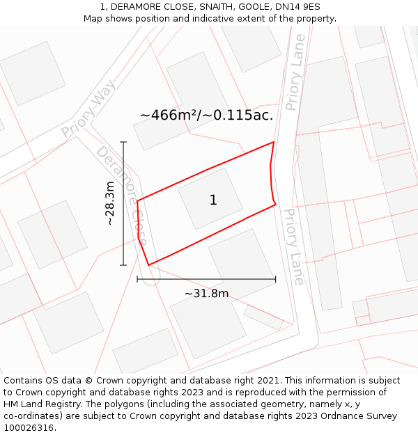 1, DERAMORE CLOSE, SNAITH, GOOLE, DN14 9ES: Plot and title map