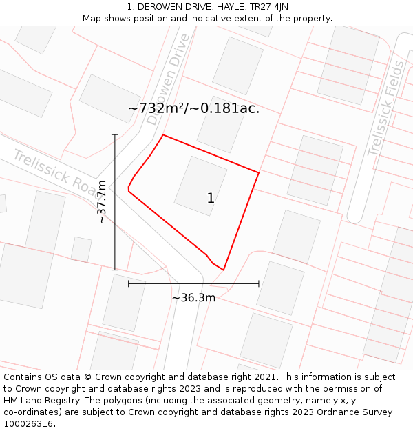 1, DEROWEN DRIVE, HAYLE, TR27 4JN: Plot and title map