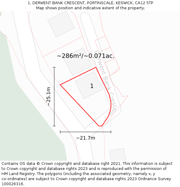 1, DERWENT BANK CRESCENT, PORTINSCALE, KESWICK, CA12 5TP: Plot and title map