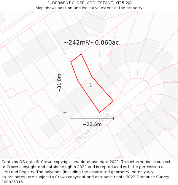 1, DERWENT CLOSE, ADDLESTONE, KT15 2JQ: Plot and title map