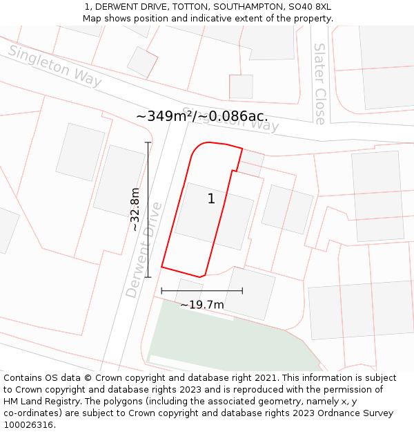 1, DERWENT DRIVE, TOTTON, SOUTHAMPTON, SO40 8XL: Plot and title map