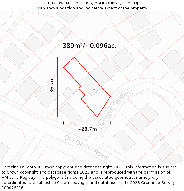 1, DERWENT GARDENS, ASHBOURNE, DE6 1DJ: Plot and title map