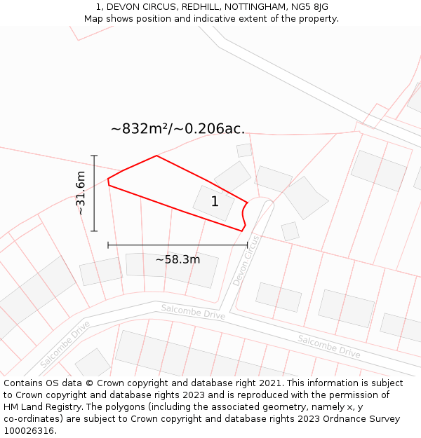 1, DEVON CIRCUS, REDHILL, NOTTINGHAM, NG5 8JG: Plot and title map