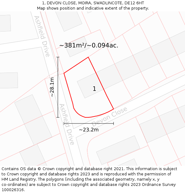 1, DEVON CLOSE, MOIRA, SWADLINCOTE, DE12 6HT: Plot and title map