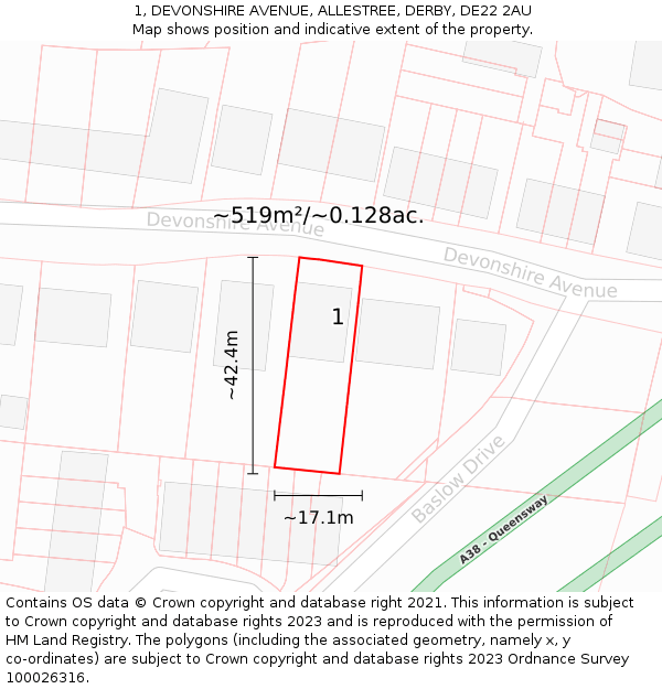 1, DEVONSHIRE AVENUE, ALLESTREE, DERBY, DE22 2AU: Plot and title map